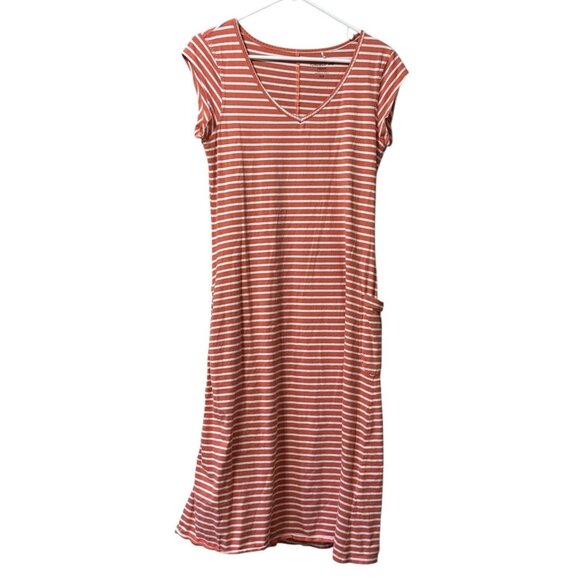 Toad &Co Muse Midi Dress Women’s M Orange Stripe Adjustable Drawcord Pocket - Picture 1 of 11